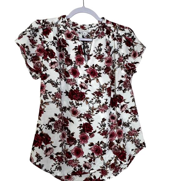 41 Hawthorn Tiffiny Tulip Sleeve Blouse Women’s XS Petite White Maroon NWT - Picture 2 of 7